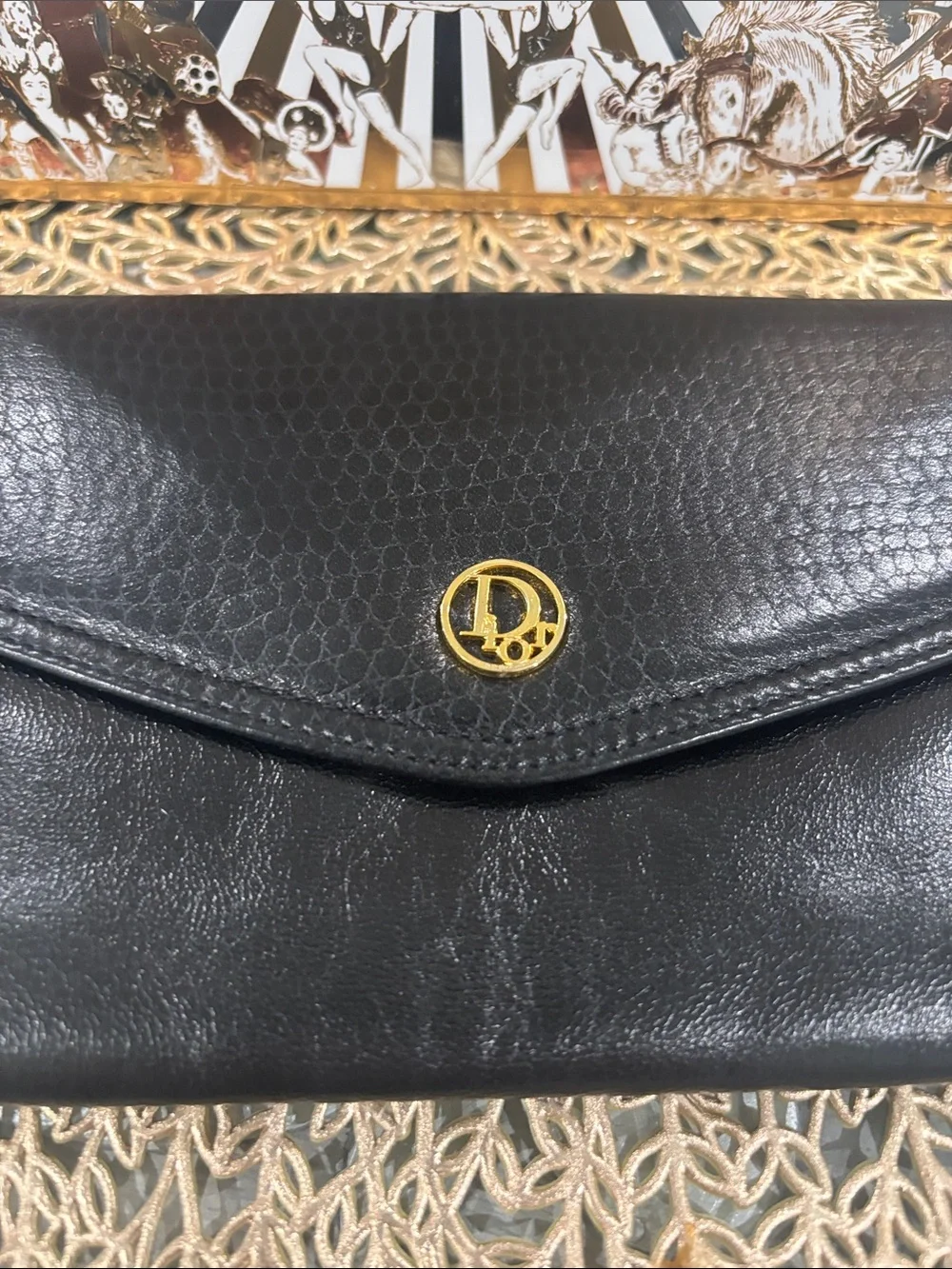 Dior Black Leather Envelope wallet with Gold CD Emblem